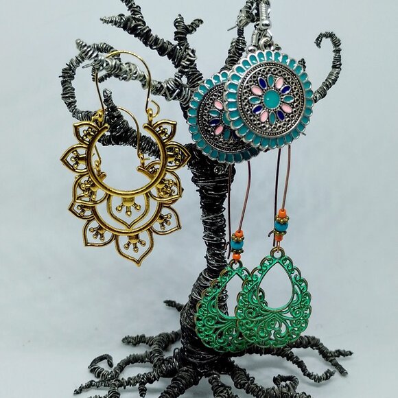 SALE! 3 PAIR EARRINGS, Ethnic SILVERY, BRONZE, PATINATED Blue Bunny BOHO BAUBLES - Picture 2 of 10